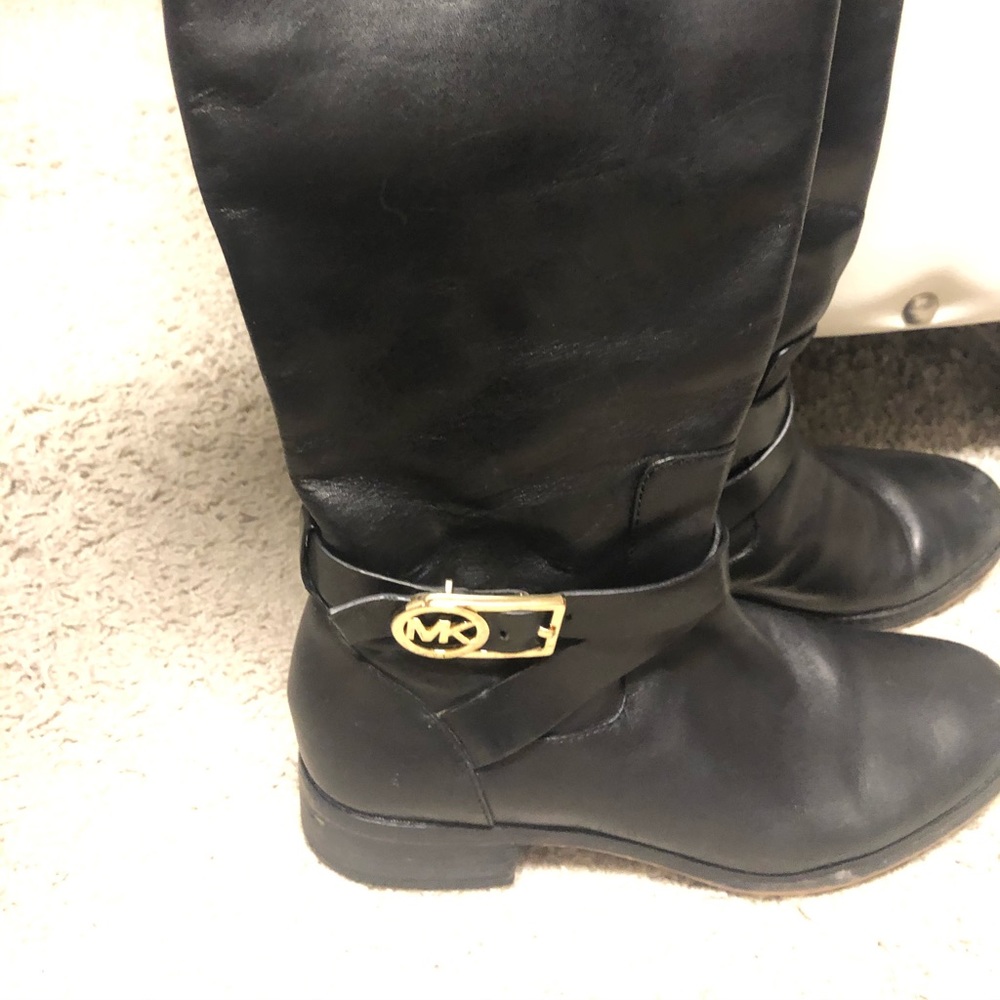 Michael Kors Black Leather Combat Moto Boots with Gold Buckle